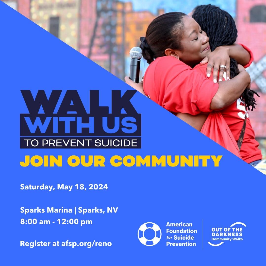 #RENO NAMI Northern Nevada invites you to join in on this year's Out of the Darkness Walk with the American Foundation of Suicide Prevention Nevada @afspnevada!
Sat, May 18, 2024, 8:30 am
Sparks Marina (park near Veterans Memorial)

#suicideprevention #afsp #nevada #renoevents
