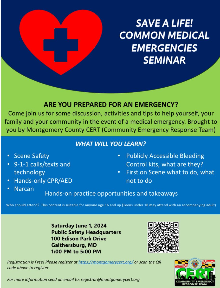mcfrsPIO's tweet image. ARE YOU PREPARED TO HELP IN THE EVENT OF A COMMON MEDICAL EMERGENCY?  

Join @MontCoCERT to help you, your family &amp;amp; your community in the event of an emergency &amp;amp; medical emergency 

Date: Saturday, June 1st, 2024
Location: Public Safety HQ, Gaithersburg
Time: 1p-5p 
It’s FREE