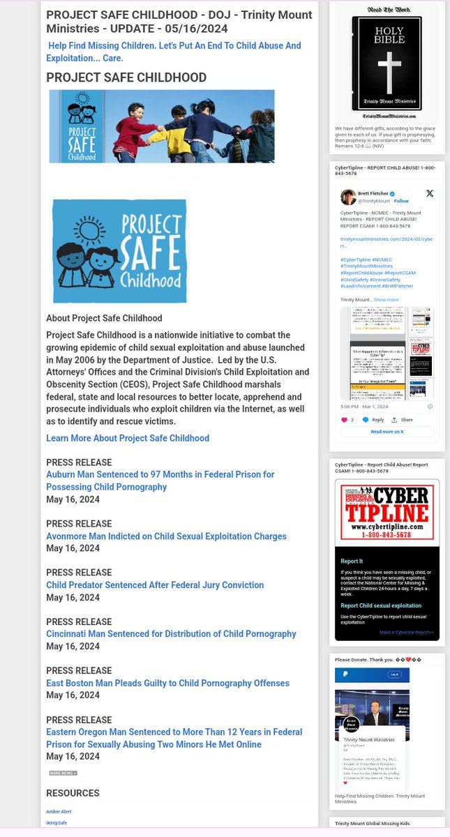 PROJECT SAFE CHILDHOOD - DOJ - Trinity Mount Ministries - UPDATE - 05/16/2024

trinitymountministries.com/2024/05/projec…

#TrinityMountMinistries #ProjectSafeChildhood #ChildPredatorsConvicted #ChildSafety #OnlineSafety #LawEnforcement #Police #DOJ #DHS #FBI #CyberTipline #EndChildTrafficking