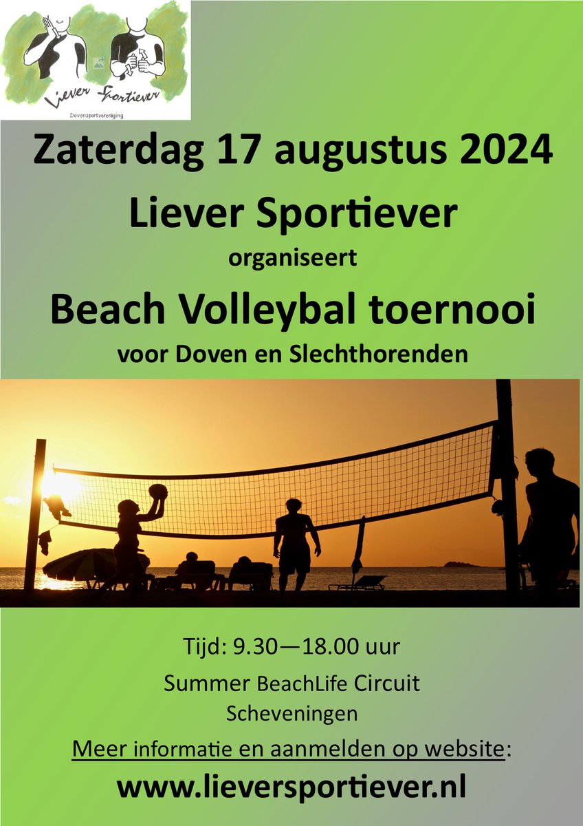 Hierbij zijn jullie uitgenodigd om mee te doen met het beachvolleybaltoernooi van zaterdag 17 augustus 2024 🙂.

Voor meer informatie en aanmelding verwijzen we je graag naar lieversportiever.nl/beachvolleybal….

Zien we jullie daar?