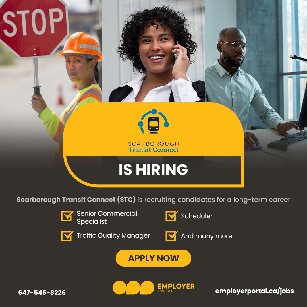 Scarborough Transit Connect is hiring! Apply for:

✅ Senior Commercial Specialist
✅ Scheduler
✅ Traffic Quality Manager

and more! Please visit employerportal.ca/jobs/?search=S… to apply

#communitybenefits #constructionjobs