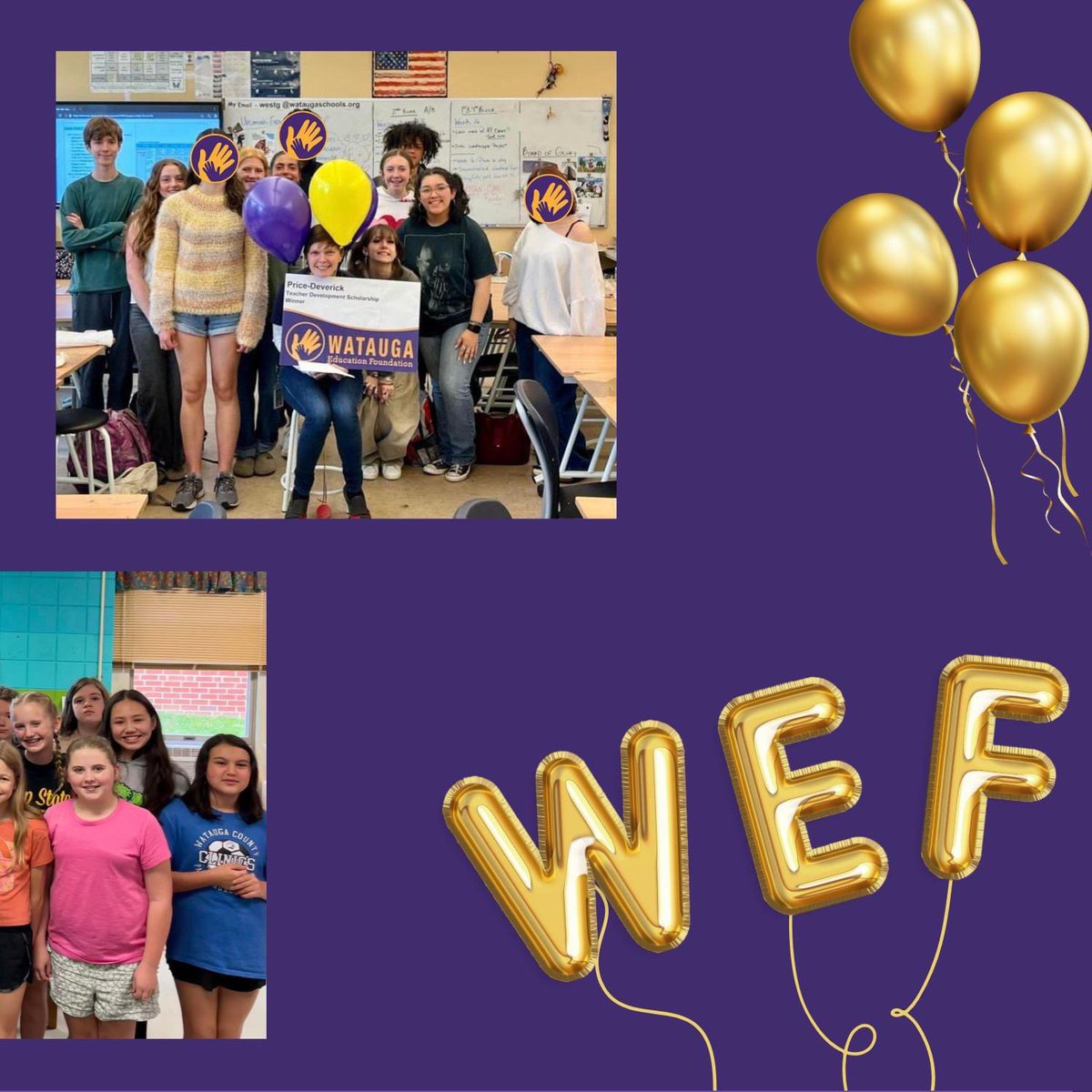 Congratulations to our 4 WCS teachers who received Price-Deverick Teacher Development Scholarships!! 👏🏻 🎊
They were so excited! 
💜McKinley Kunz (Bethel School)
💛 Allyson McFalls (Blowing Rock School)
💜 Genal West (Watauga High School)
💛 Sam Brown (Watauga High School)