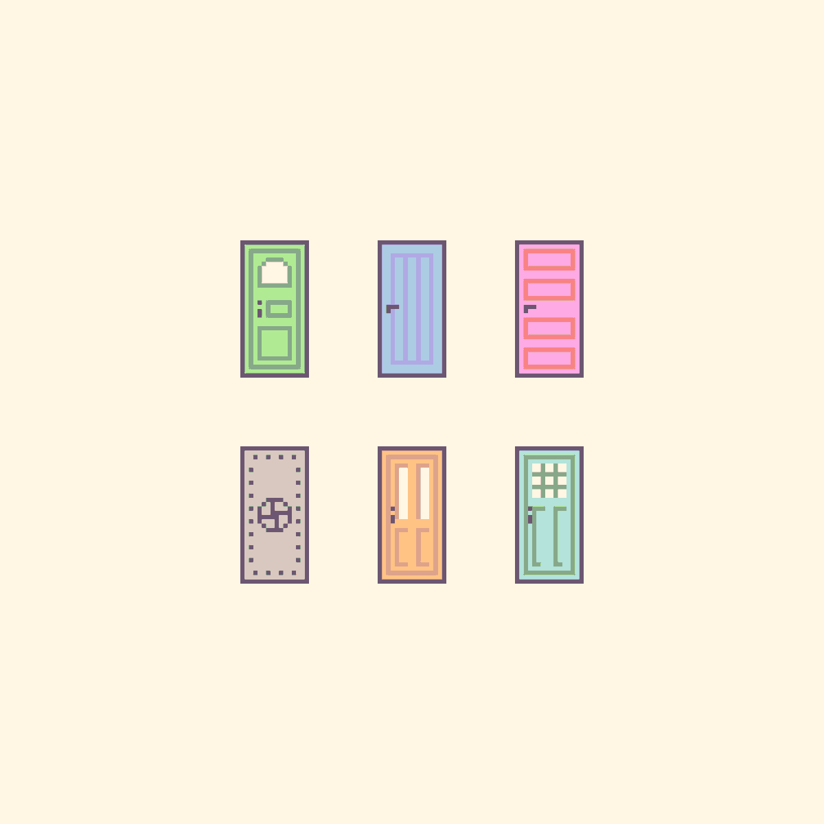 set of #doors in 16x32. 
#pixel_dailies <a href="/Pixel_Dailies/">Pixel Dailies</a>