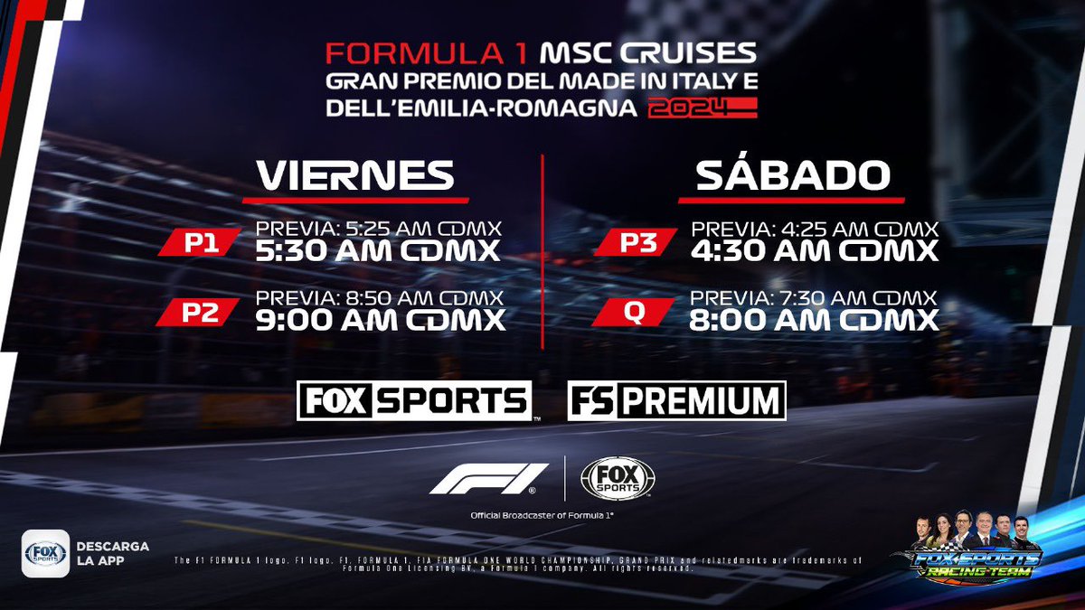 Te esperamos en el Formula 1®️ Gran Premio de la Emilia-Romagna🏁 Viernes 5:25 AM CDMX: Práctica 1 8:50 AM CDMX: Práctica 2 Sábado 4:25 AM CDMX: Práctica 3 7:30 AM CDMX: Clasificación #F1xFSMX en vivo y en exclusiva en @FOXSportsMX, y sin interrupciones por #FSPremiumMX 🖥