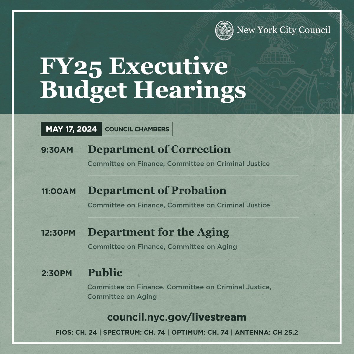 Tune in tomorrow for Day 9 of our FY25 Executive Budget Hearings, featuring testimony from @CorrectionNYC, @nycprobation, and @NYCAging. 📺 Watch live: council.nyc.gov/livestream/