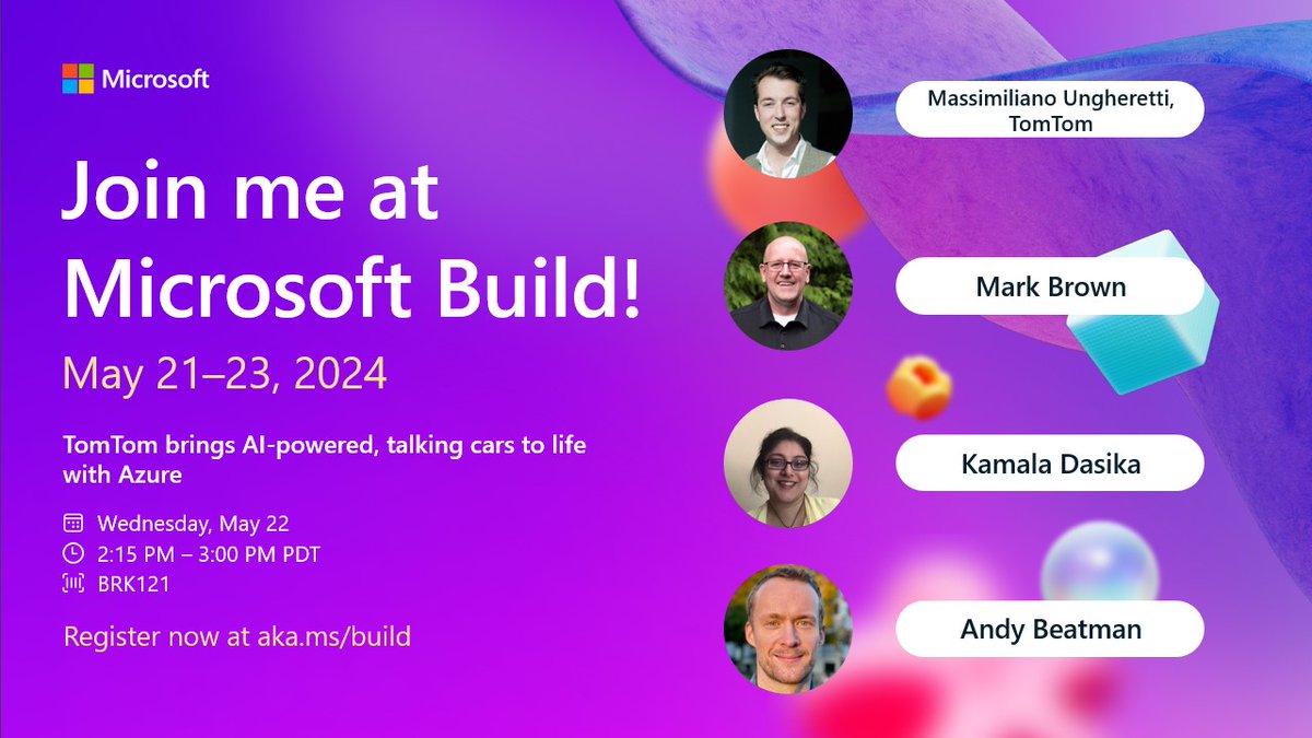 Join me at Microsoft Build for “BRK121​: @TomTom brings AI-powered, talking cars to life with Azure​”

Wednesday, May 22​ | 2:15 PM – 3:00 PM PDT​

Details and more: build.microsoft.com/sessions/516a7…