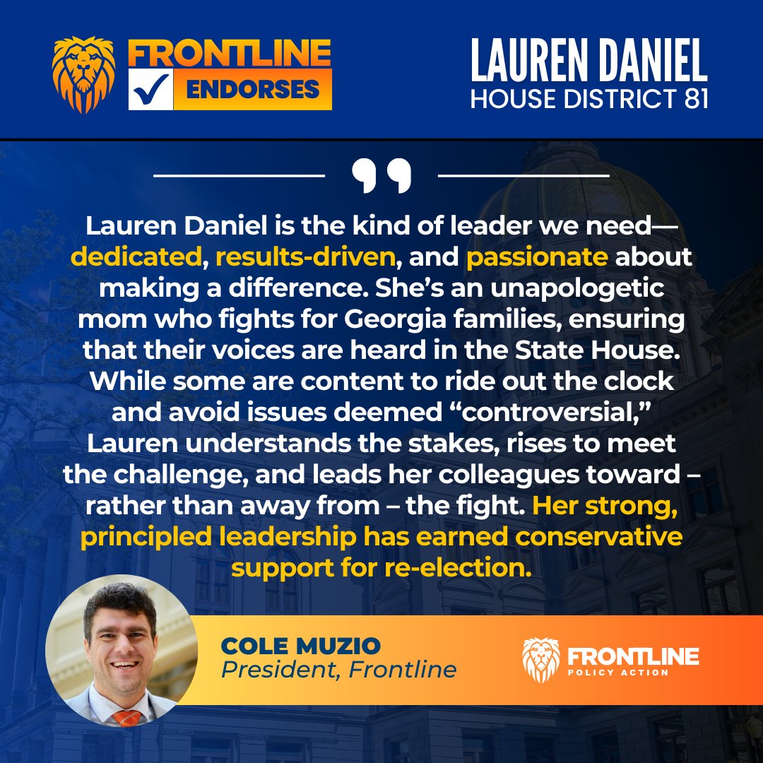 '@laurendanielga's strong, principled leadership has earned conservative support for re-election.' - @ColeMuzio #HD81