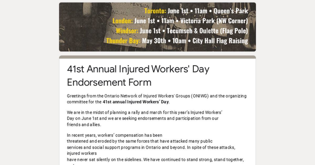 Are you a part of an organization that would like to endorse the June 1st Injured Workers' Day rallies happening throughout Ontario? Sign your group up to support injured workers of the past/present/future here: buff.ly/3QMjUiq