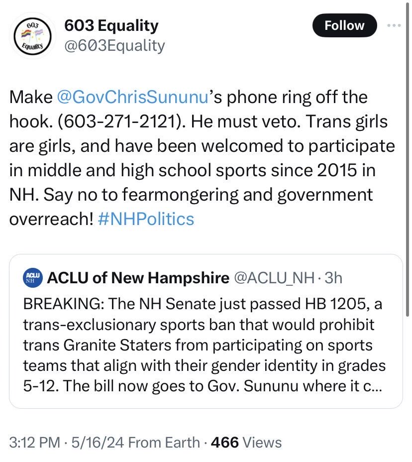 The science-denying progressive mob is going to barrage the Governor with calls to bully him into allow males to continue to female spaces.

Show your support for this common-sense protection of female youth in our state.

#NHPolitics