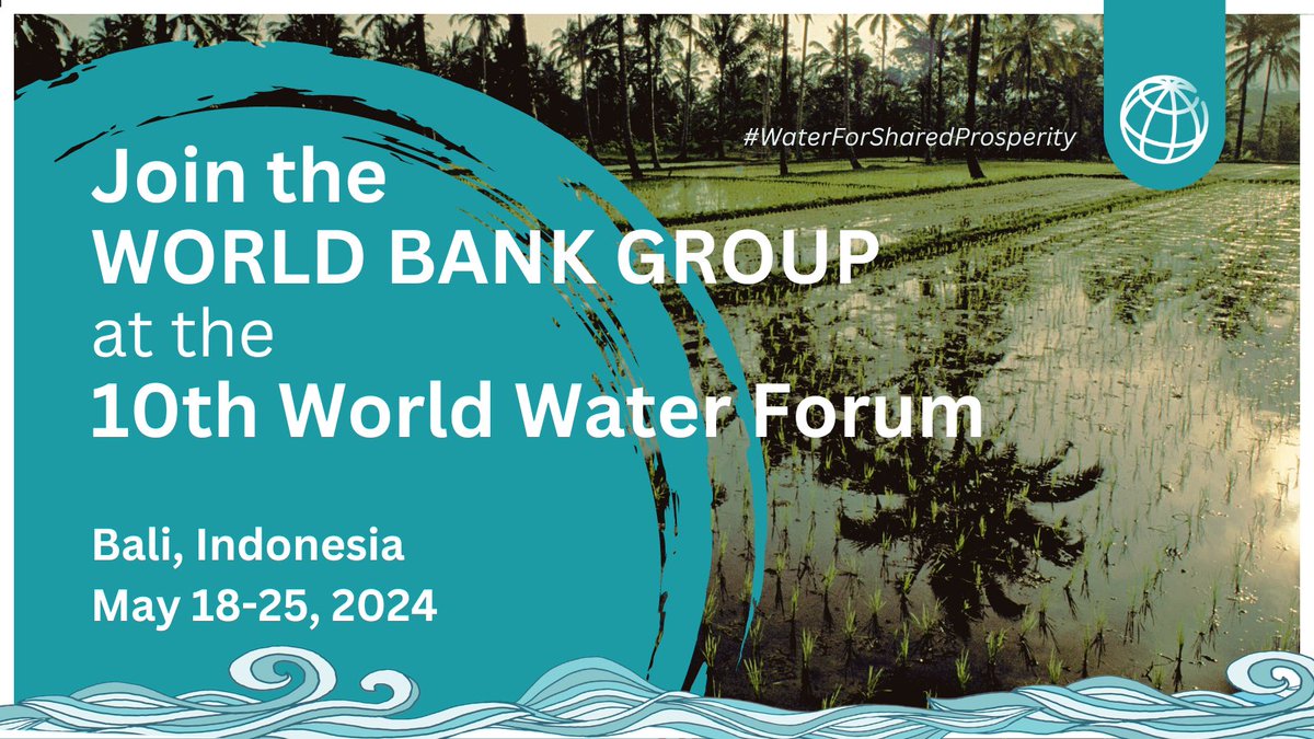Exciting news!💧@WorldBank is gearing up for the #10thWorldWaterForum, ready to dive into discussions on #WaterForSharedProsperity. Stay tuned for insights from our upcoming report, offering key solutions for global water challenges. wrld.bg/U04L50RJ1oR
