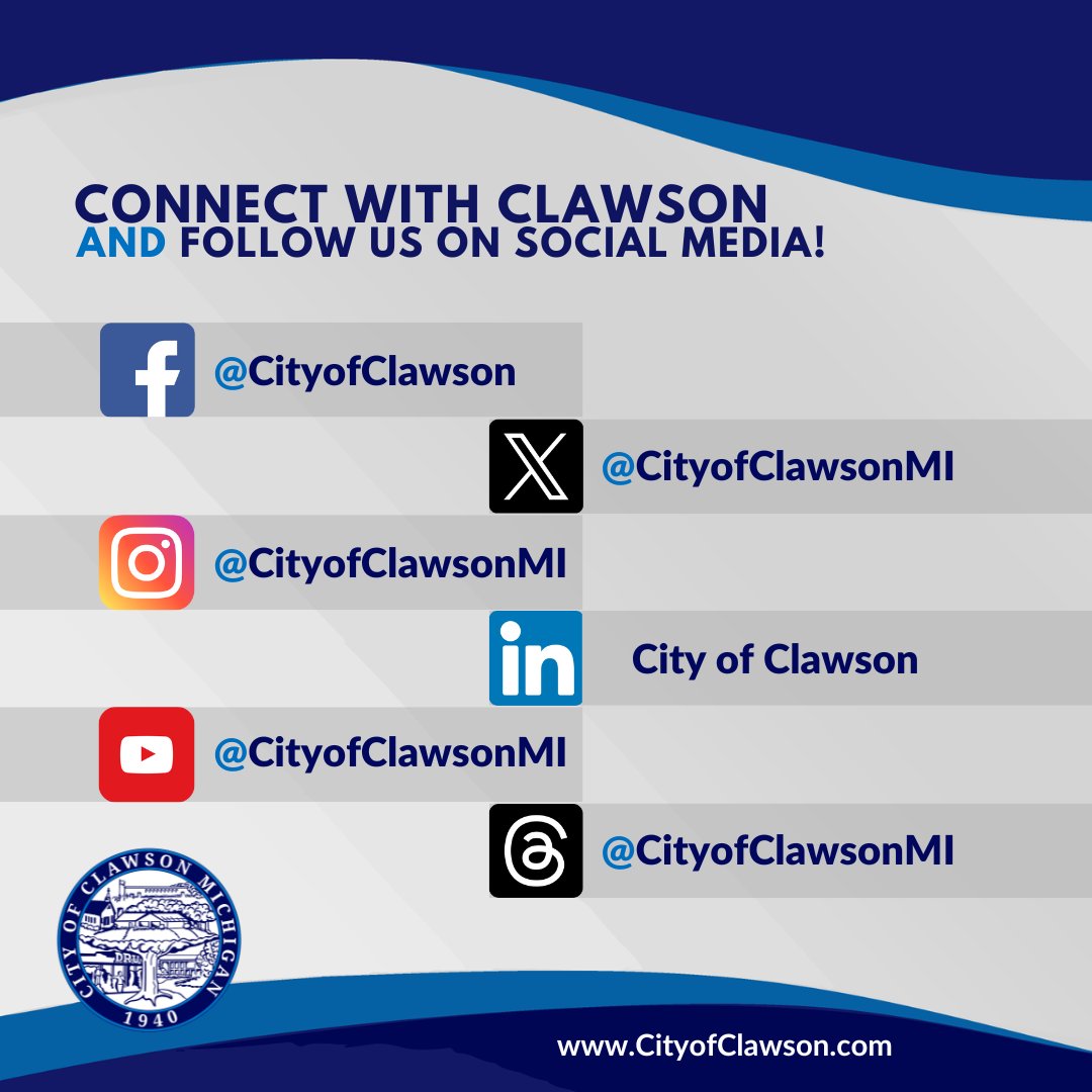 Stay up-to-date with all the latest news, alerts, and updates from the City of Clawson by following or liking our social media pages! Be the first to know about important announcements, community events, and initiatives that impact you directly. #ClawsonMI #LittleCityBigHeart