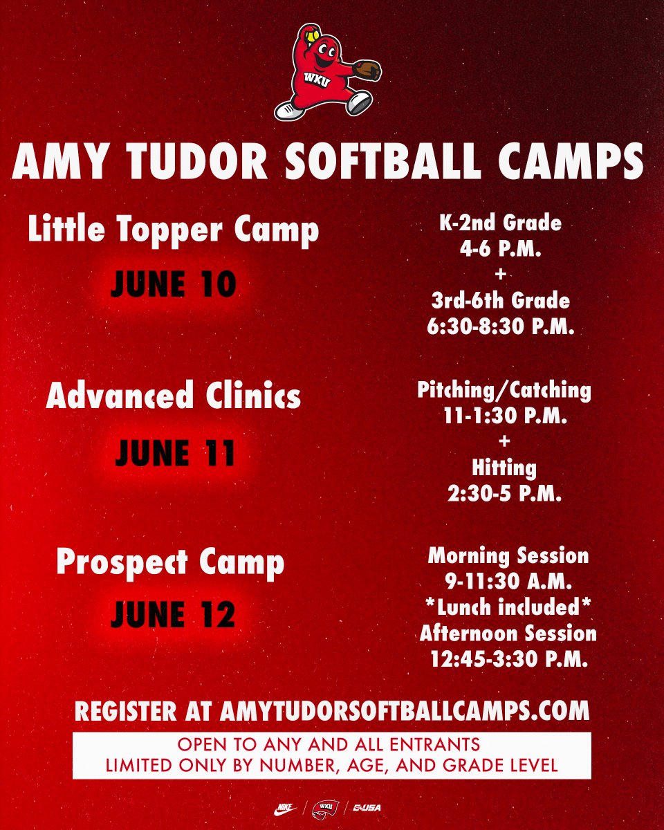 It feels like summer☀️ Come join us at the WKU Softball Complex for some softball camps this June!🥎 Register today! 🔗: AmyTudorSoftballCamps.com #GoTops