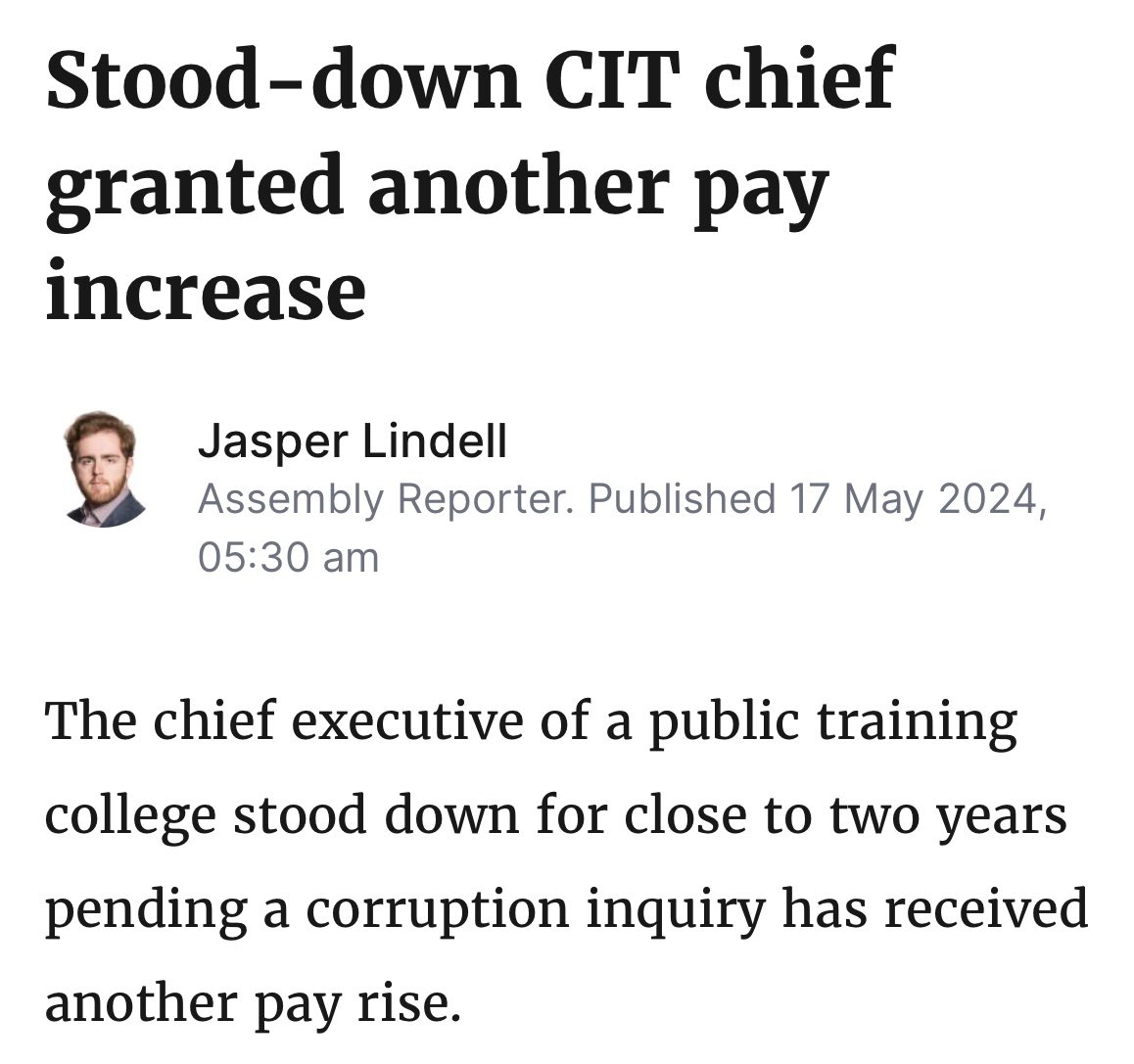 This is unconscionable. 

During a cost of living crisis, the stood down CEO of the CIT under a serious corruption investigation has been collecting her full yearly salary of more than $370,000 for almost 2 years.

She has just been awarded a second pay rise.

This stinks.