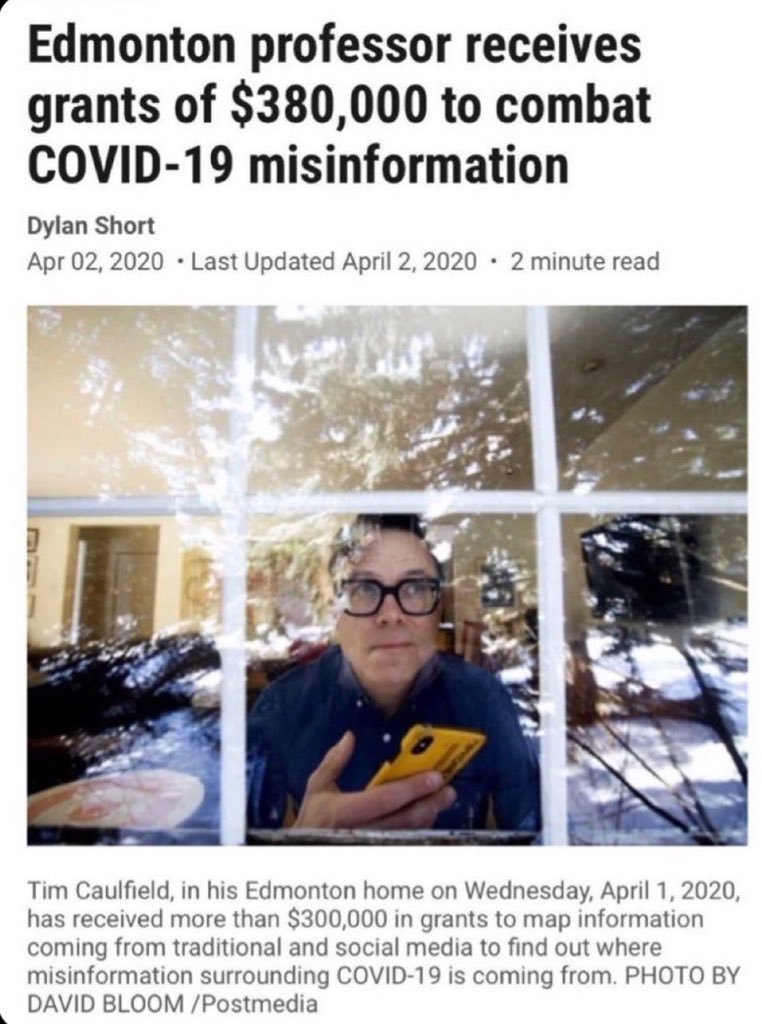 Several times EVERY SINGLE DAY some troll posts (or emails me) the below article as proof I'm a pharma shill. Huh?

This was a peer reviewed grant from the independent <a href="/CIHR_IRSC/">CIHR</a> to study misinformation. I didn't receive a dime. Funds held by university &amp; supported students,