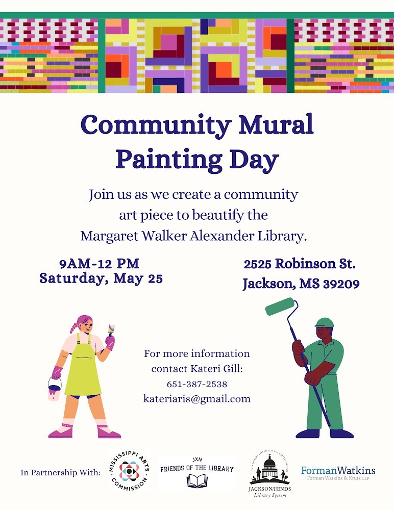 We welcome everyone and all artists to the M.W. Alexander Library to create a community mural on Friday, May 25th from 9 am-12 pm! #LibraryEvent #CommunityArt #JXNFriendsOfTheLibrary #MuralMaking #PublicArtProject #LibraryProgram #CreativeCollaboration #STREAM #JacksonMS