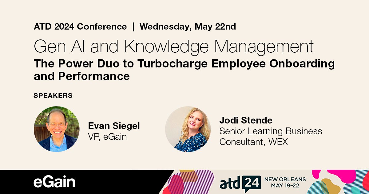 Attending ATD's 2024 conference in New Orleans, May 19-22nd?🤔

See us at booth #2618 or send us a message to book a meeting with a knowledge expert at the show: lnkd.in/dUGCFt87

See you soon!

#eGain #ATD #KnowledgeManagement #KM #Training #Development #CX #Knowledge