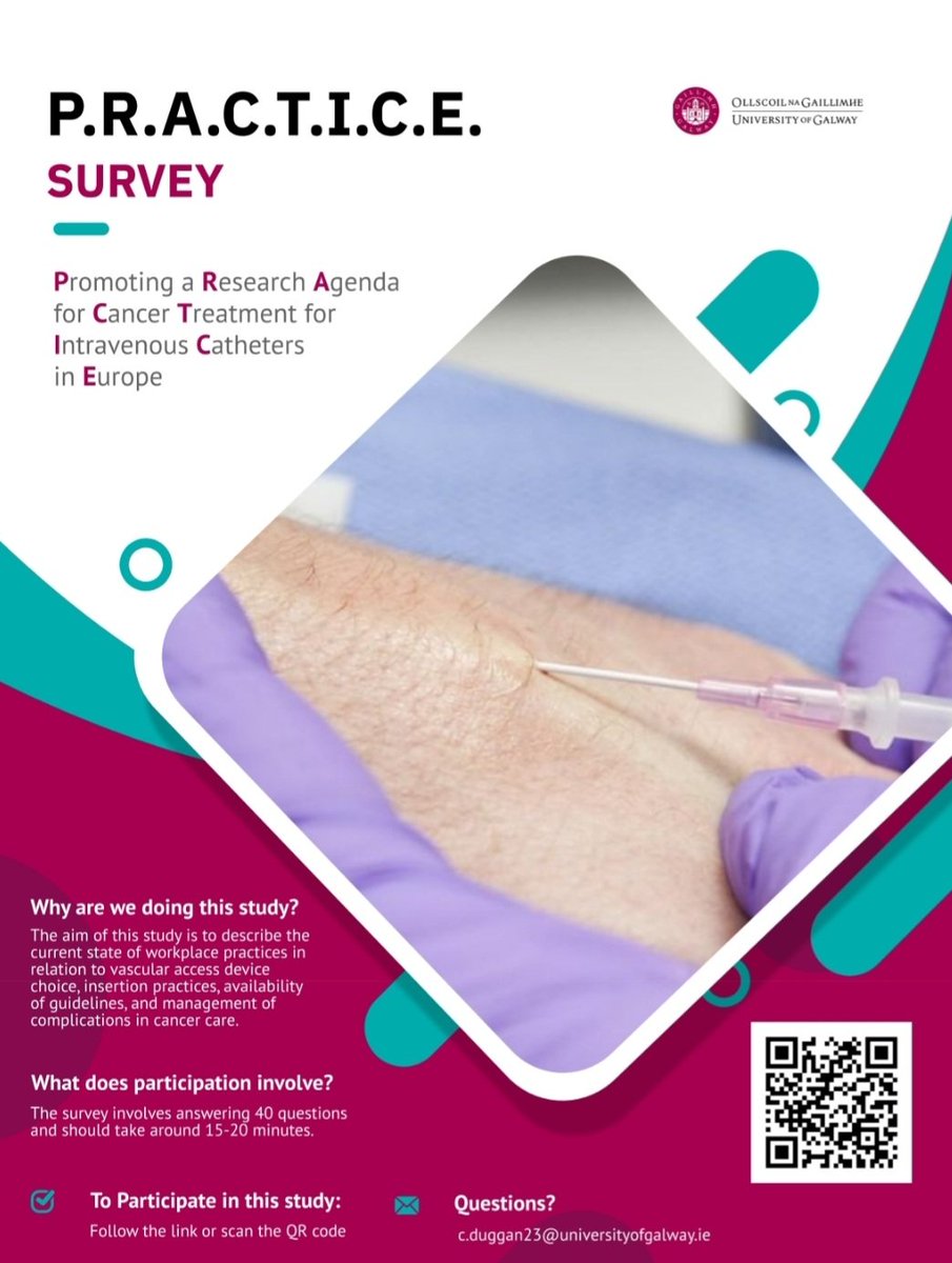 📢 Launching European P. R.A.C.T.I.C.E survey at Western @IANOCancerNurse event celebrating #ECND2024. Focuses on clinician practices with vascular access devices for systemic anti-cancer therapy. Your opinion matters ! nuigalway.questionpro.eu/t/AB3u0msZB3vu…