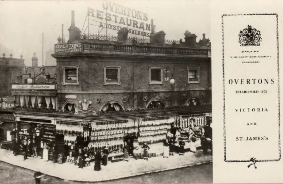 OldLondonW14's tweet photo. Overton’s Restaurant &amp; Oyster Saloons - a favourite of Ian Fleming. There were two branches. This one was opposite Victoria Station. They started up in 1872. https://t.co/zIjtsbqnw2