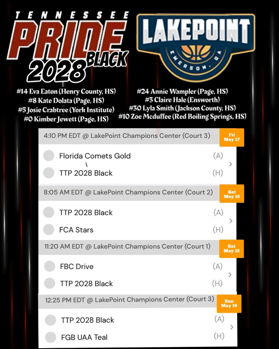 We look forward to the opportunity to compete this weekend @SelectEventsBB Lakepoint event. @TNTeamPride @tnteampride2028