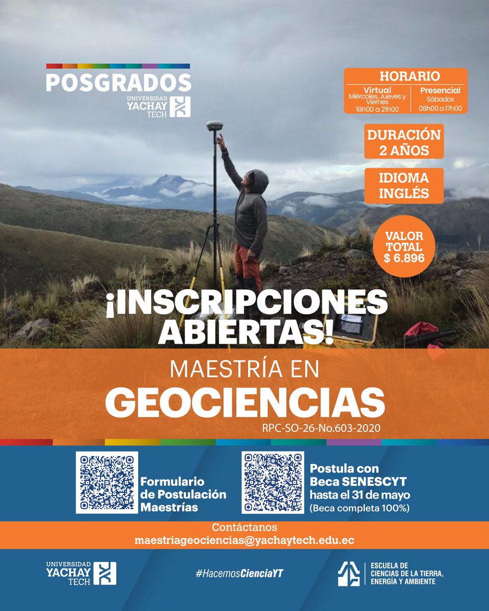 GeoYachayTech's tweet photo. ¡Descubre nuestra Maestría en Geociencias! -  Geología y Geofísica de reservorios- Interacción Clima y Superficie
¡Becas Senescyt del 100% hasta el 31 de mayo de 2024! https://t.co/WBJmkqgshP https://t.co/BB9Grn3AjP