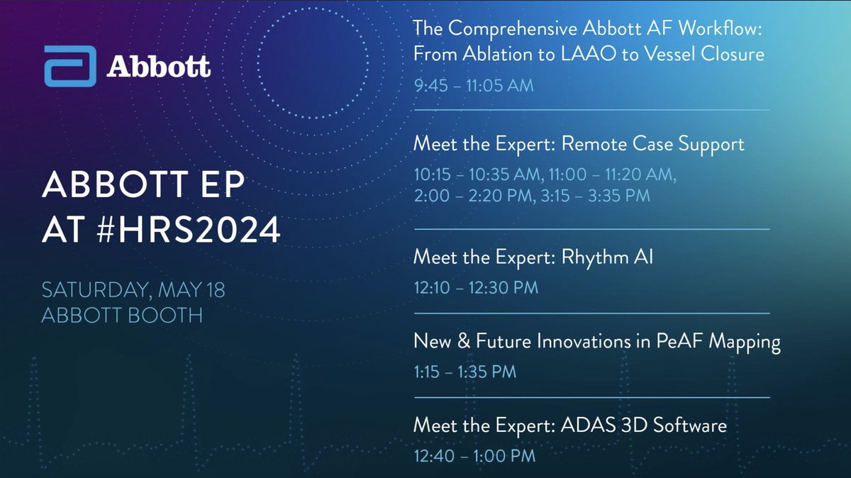 We have a stellar line-up of expert presentation happening in the Abbott booth today at #HRS2024! Come meet the experts and learn how our innovative technology can support you and your patients: electrophysiology.abbott.com/Mapping-and-Ab… #AbbottProud #EPatHRS