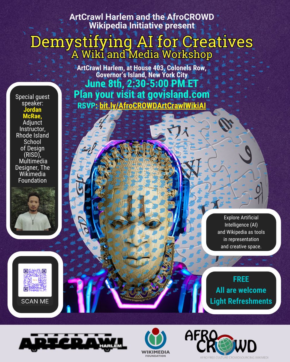 Join us June 8th, 2:30-5:00 PM ET on Governor's Island, NYC for Demystifying AI for Creatives: A Wiki and Media Workshop. RSVP: bit.ly/AfroCROWDArtCr… With @ArtcrawlHarlem and the #AfroCROWD Wikipedia Initiative, featuring guest speaker, Jordan McRae, Rhode Island School of