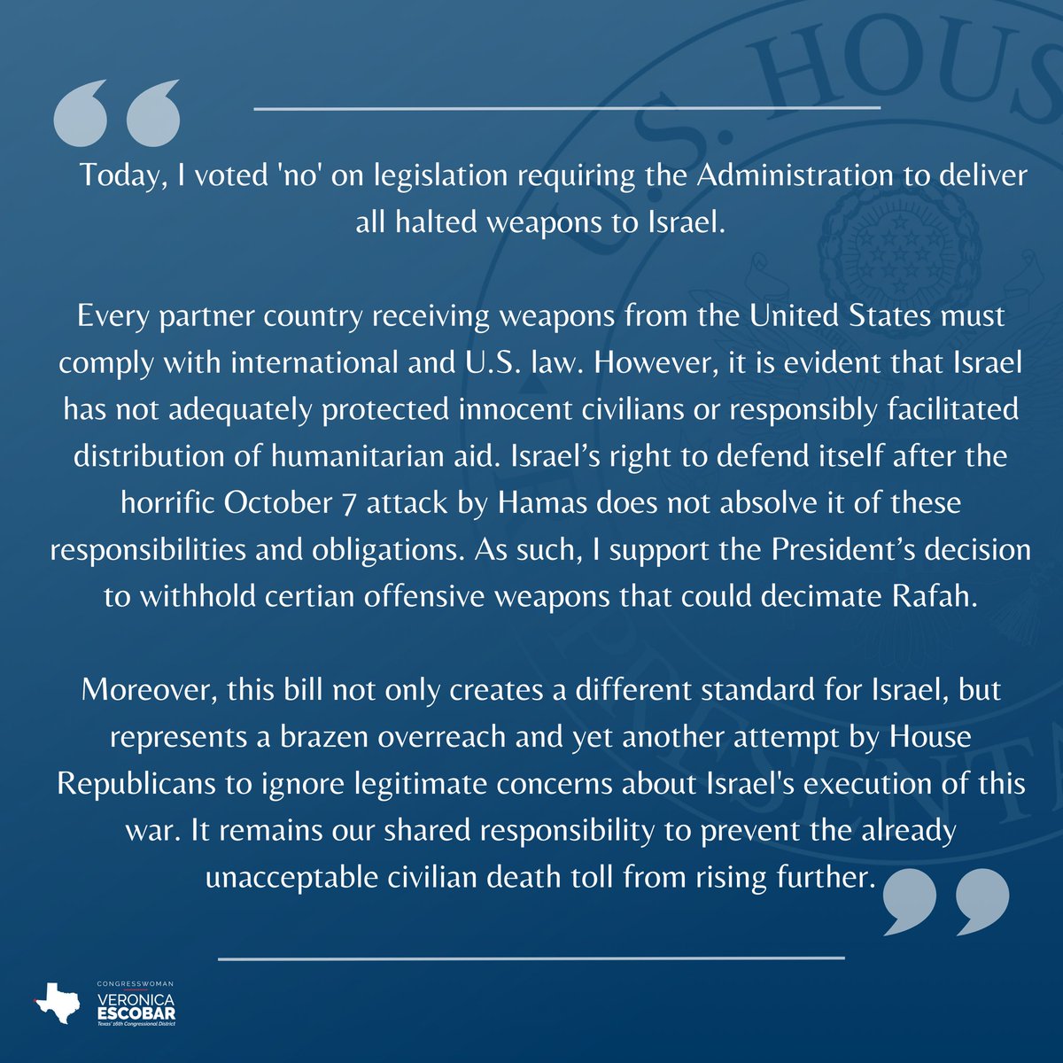 My statement on today’s vote to require the @WhitesHouse deliver all halted weapons to Israel.⤵️