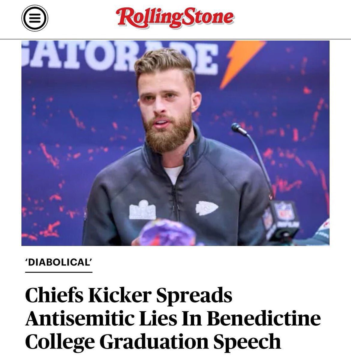 Rolling Stone brands Chiefs Kicker Harrison Butker an anti-Semite for Benedictine college speech condemning sexual immorality. In the speech, Butker did not mention Jews once. Follow: @AFpost