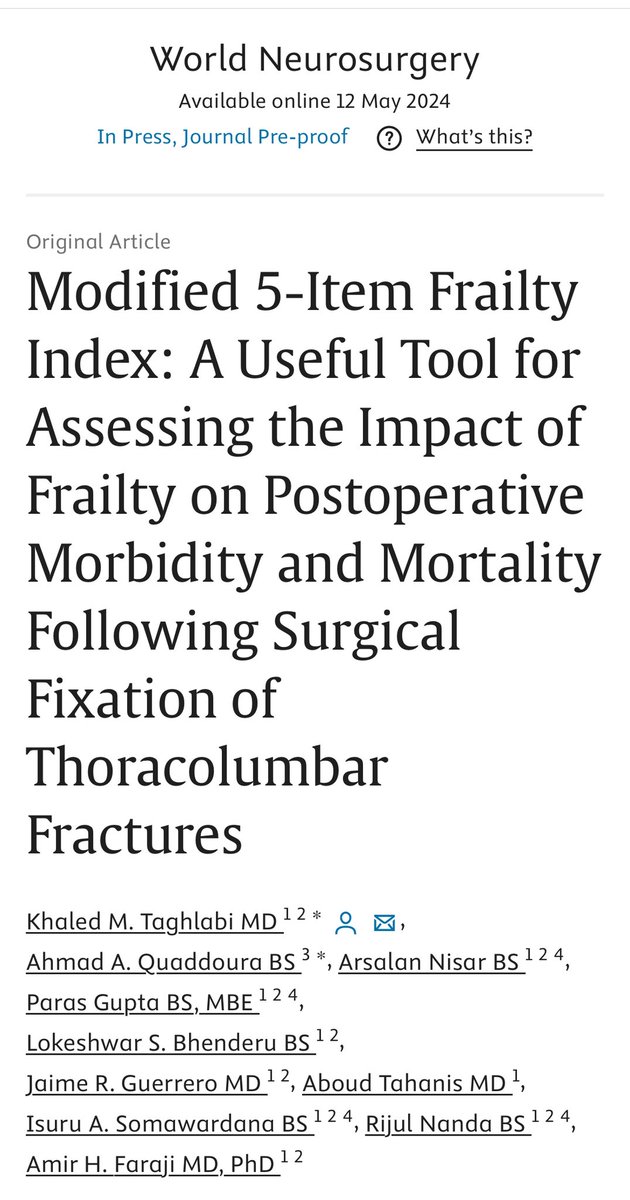 KTaghlabi's tweet photo. 🚨🔬 Excited to share our latest #research in @WorldNeurosurg! 📈

Our nationwide studies unravel the impact of #frailty &amp; #racialdisparities on outcomes post thoracolumbar fracture fixation.

Hats off to our phenomenal team @HMNeurosurgery! 👏 

#Neurosurgery #spine #outcomes https://t.co/YGpBmZzxrw