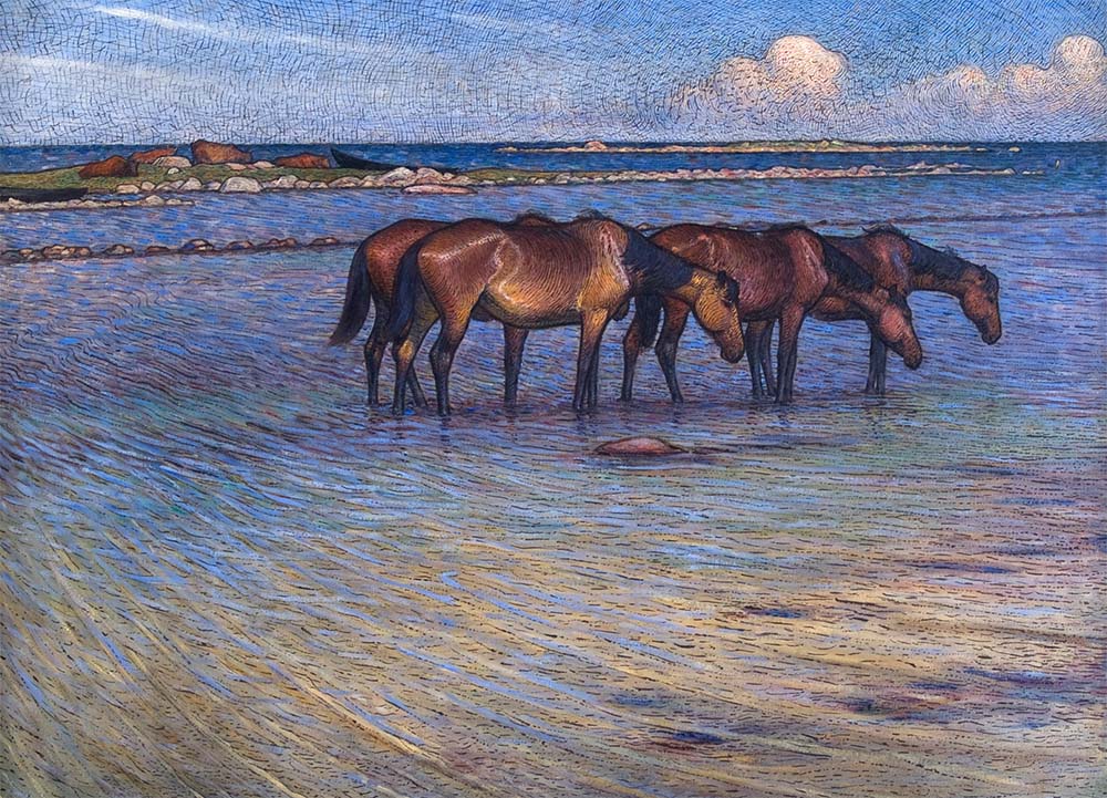 Good morning - I hope you slept like a hay-stuffed steed - I'm starting with ‘Horses Cooling Themselves in Water’, Nils Kreuger, oil on board, 1902. Part of the new Nils Kreuger Postcard Collection. rathergoodart.co.uk/product/nils-k…
