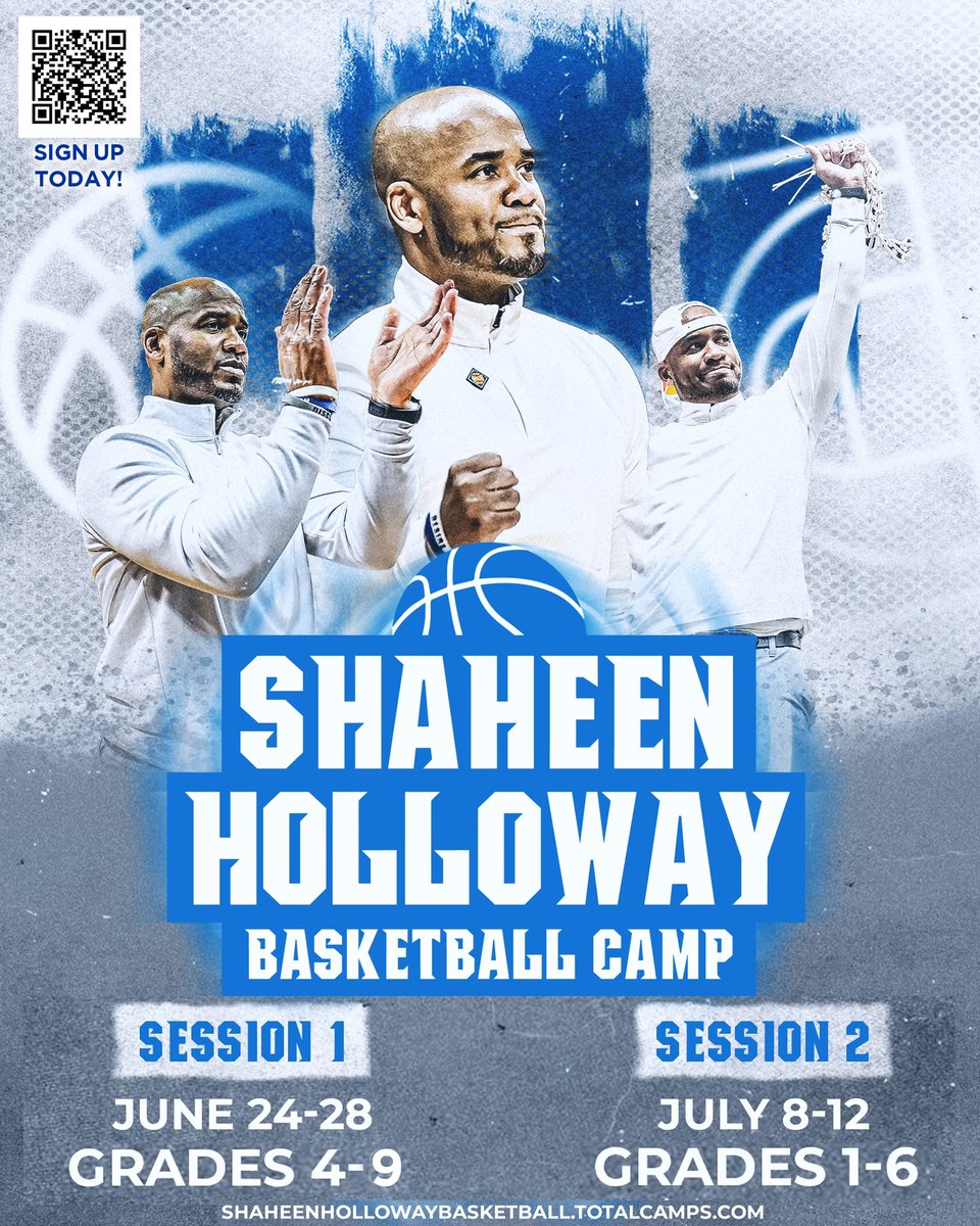 For the first time, Session 1 of SHAHEEN HOLLOWAY BASKETBALL CAMP is open for campers entering ninth grade‼️ Don’t wait, Register today ➡️ bit.ly/hollowaycamp #HALLin🔵⚪️ @CoachSha10