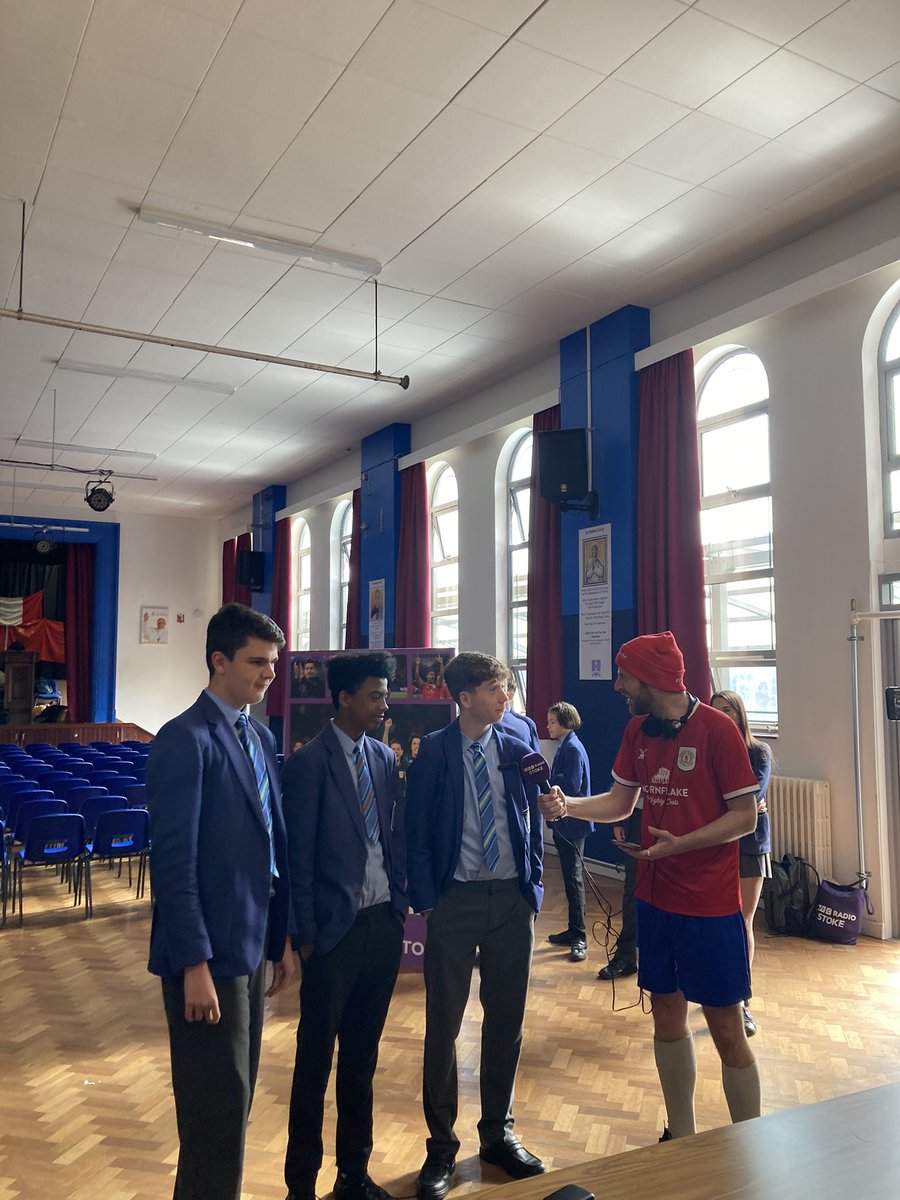 Brilliant to have <a href="/mattweigold/">Matt Weigold</a>  with <a href="/BBCRadioStoke/">BBC Stoke & Staffordshire</a> this morning to interview our pupils. In the run up to Wembley for Crewe Alex, we are super excited to support Matus Holicek and <a href="/crewealexfc/">Crewe Alexandra</a> good luck 🤞