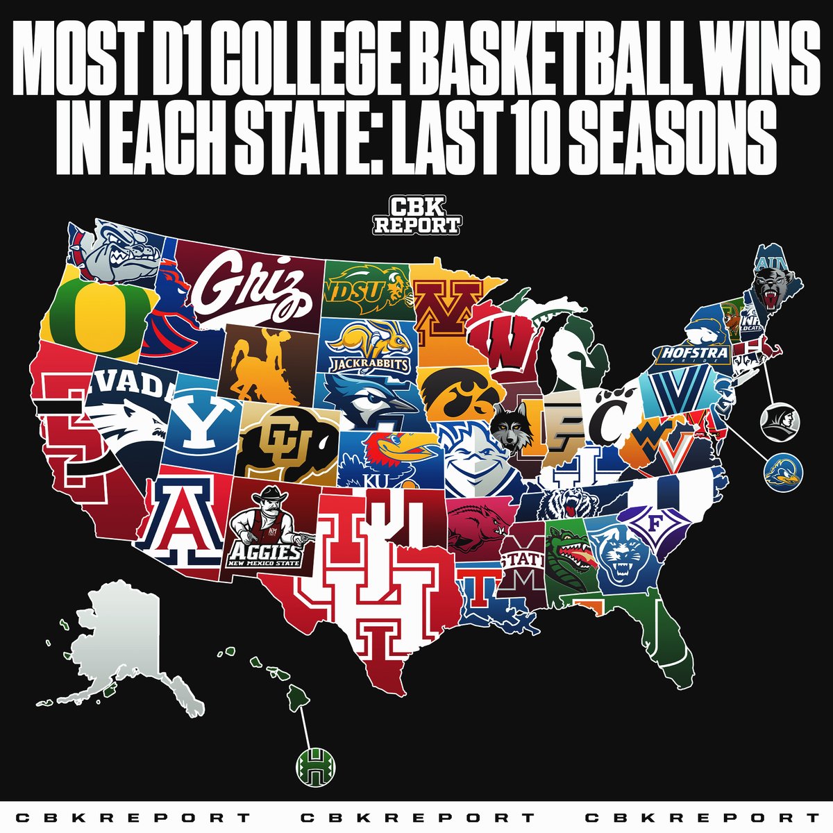 College Basketball programs with the most wins in each state over the last 10 seasons🏆
