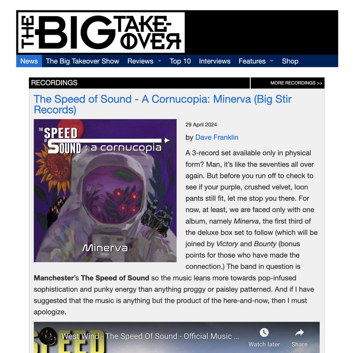 A terrific review for 'A Cornucopia: Minerva' from The Speed Of Sound, from The Big Takeover Magazine! The album is headed your way in late May (Vinyl/CD/Streaming: orcd.co/thespeedofsoun…) and the review is at: bigtakeover.com/recordings/the… #TheBigTakeover #TheSpeedOfSound #IndieRock