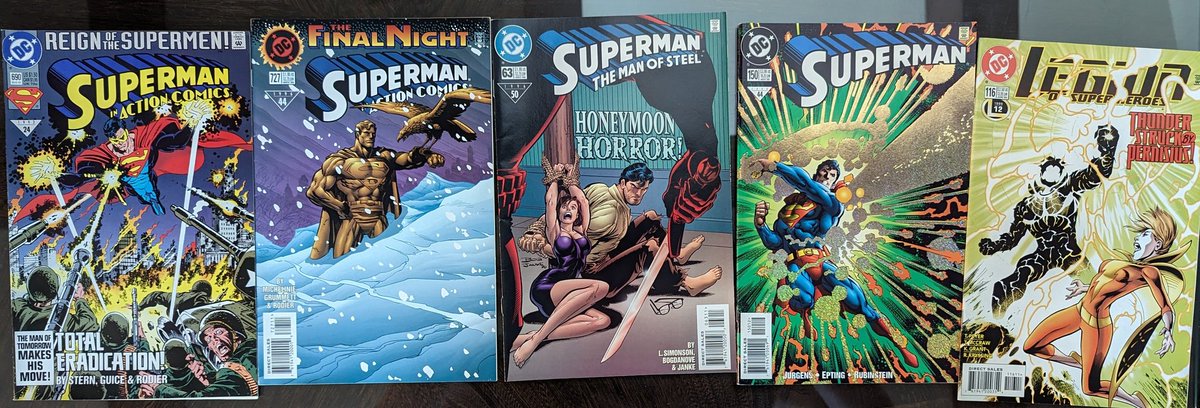 I've been stalking the Ollie's near my house waiting for a '5 comics for $6' bundle that had at least two Superman comics in it and I struck 90s GOLD! Reign, Final Night, Honeymoon, a gimmick cover I've never seen before, PLUS Reboot Legion with Thunder!