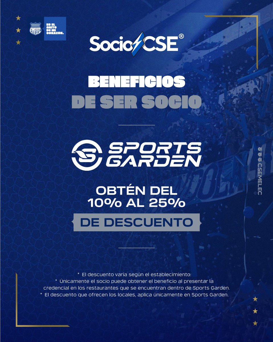 ⚡¡Obtén los siguientes descuentos en Sports Garden! 🥩Grill Lovers -15% 🍟Papatanada - 25% 🍔Hambrgr - Por la compra de un combo obtén unas bacon fries 🍪The Smart Roll - Combos con precio diferencial 🥓Chicharron - 10% 🍷Futbolín - 10% #PorEmelec 🤜🏻🤛🏻 #SomosMás ✊🏻