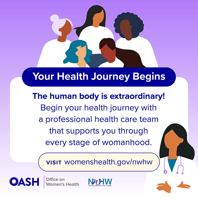 🌸 Every woman’s journey through #ReproductiveHealth is unique. From puberty to menopause, our bodies undergo many changes and developments. Connect with your health care provider for concerns. Any and all questions are encouraged. #NWHW @womenshealth womenshealth.gov/nwhw