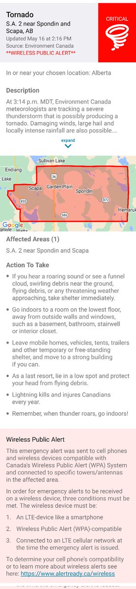 #abwx. Shared: Tornado Alert - S.A. 2 near Spondin and Scapa, AB alberta.ca/emergencyalert