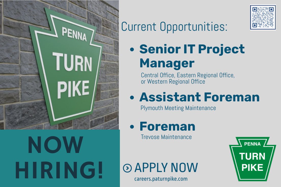 We have some exciting opportunities at the PA Turnpike. Apply today! careers.paturnpike.com