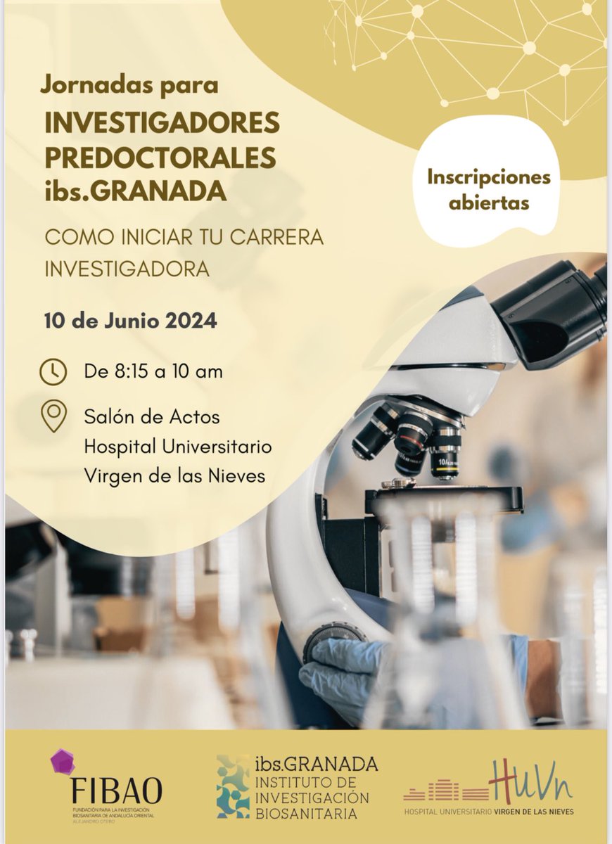 Jornada para investigaciones predoctorales ! No te lo pierdas ! @hospital_hvn @ibsGRANADA Fecha: Granada, 10 de junio de 2024. Lugar: Salón de Actos del Hospital Universitario Virgen de las Nieves. Formato: Presencial