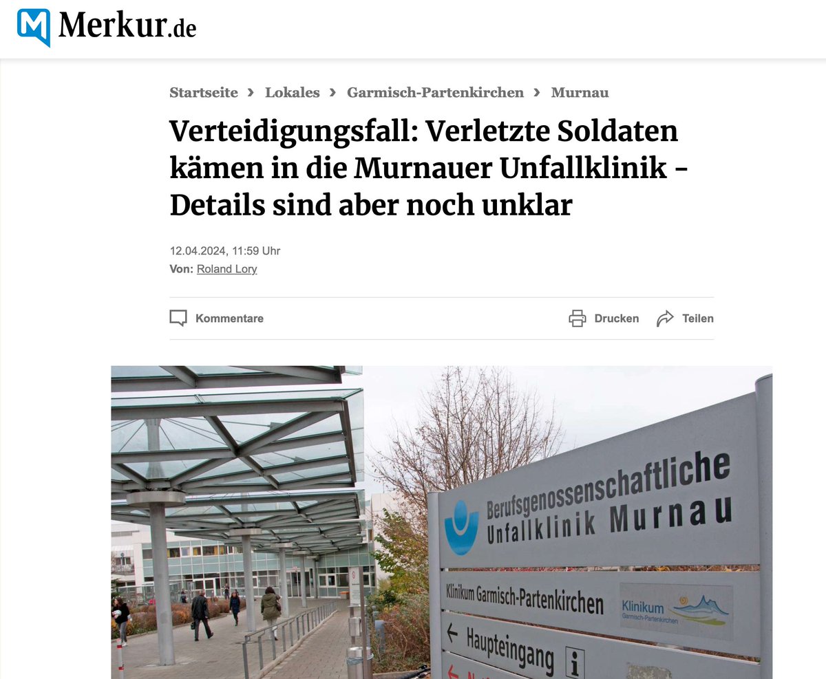 Nachtigall, ick hör dir trapsen ...

12.04.2024 
Verteidigungsfall: Verletzte Soldaten kämen in die Murnauer Unfallklinik - Details sind aber noch unklar

➡️ merkur.de/lokales/garmis…