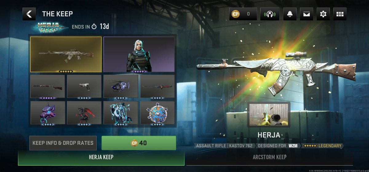 Herja Keep Lucky Draw has just been released in Warzone Mobile 

- Legendary Kastov 762 - Herja ✅️
- Valkyrie - Mila ✅️