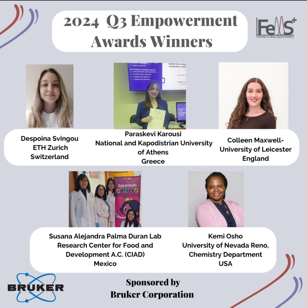 Announcing the Q3 Empowerment Award Winners! Let’s congratulate the awardees! Thanks to Bruker for sponsoring this round, please reach out if you’d like to help us keep these awards going! #FeMS