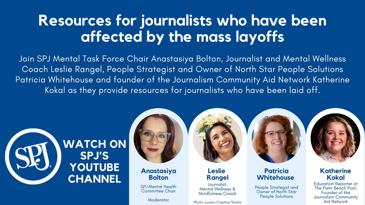 For journalists who have been laid off, SPJ Mental Task Force chair @aboltonreports, @LesRangelonFox7, Patricia Whitehouse and @katikokal have put together a video that goes over a variety of resources: youtube.com/watch?v=m-RL_-…