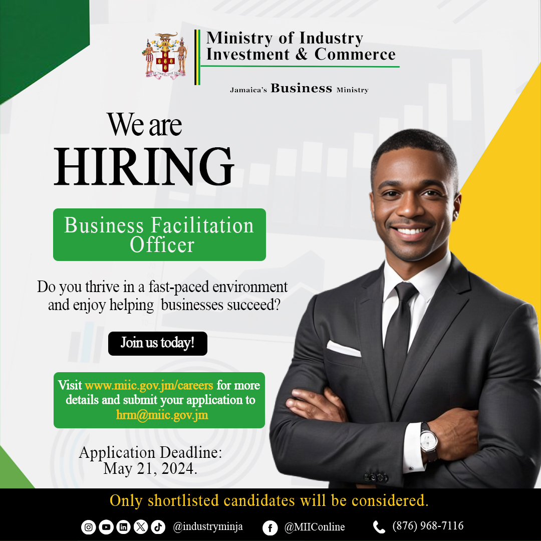 Build your career with the Ministry of Industry, Investment and Commerce! We’re seeking a Business Facilitation Officer with strong technical skills to join our Industry Division. For more information visit our website at miic.gov.jm/careers.
