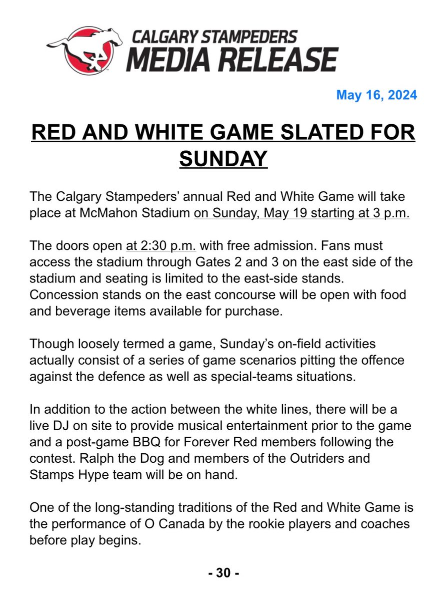 Calgary fans get their first chance to see Stampeders in action with the annual Red and White Game on Sunday at 3 pm at McMahon Stadium. It will be offence against defence in game scenarios plus special teams situations. The event is free and fans enter from east side entrances.