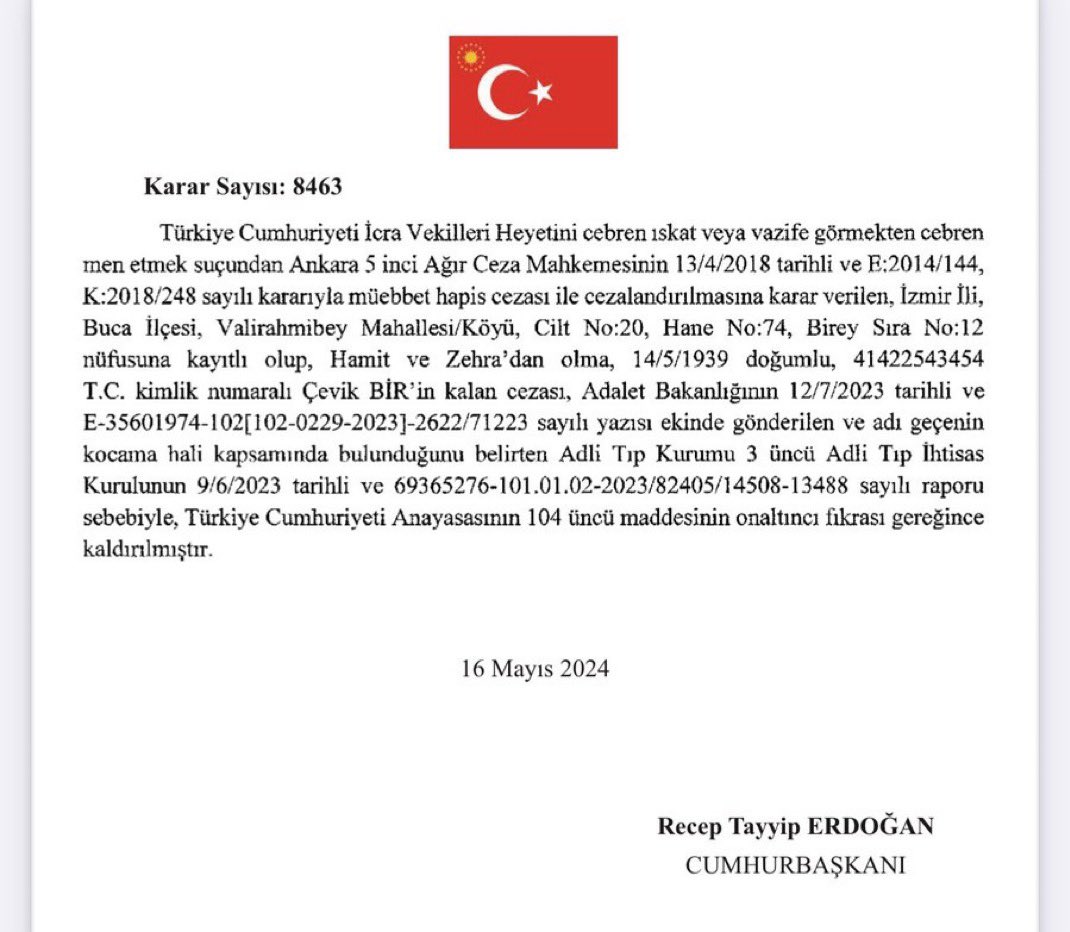 28 Şubat Davası’nda hüküm giyen bazı generaller, Adli Tıp'ın verdiği rapor uyarınca 'kocadıkları' ileri yaşları ve sağlık sorunları nedeniyle Cumhurbaşkanının kararıyla cezaları kaldırıldı. • Çevik Bir • Fevzi Türkeri • Cevat Temel Özkaynak • Yıldırım Türker • Erol Özkasnak