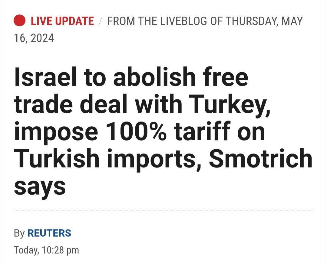 Türkiye'nin İsrail'le ticareti durdurma kararına misilleme geldi... İsrail, Türkiye ile olan serbest ticaret anlaşmasını feshedeceğini ve Türkiye'den yapılan ithalata %100 gümrük vergisi uygulayacağını açıkladı. 🧐