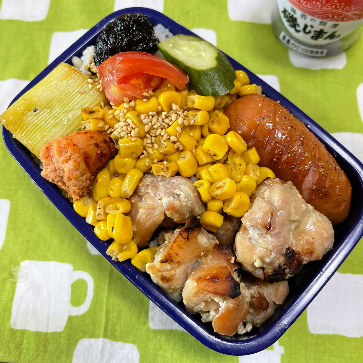 05/17 とりももの塩糀焼き弁当
#とり肉　#塩糀　#コーンバター　#ウィンナー　#きゅうり　#塩トマト　#明太子　#ねぎ焼き　#磯じまん