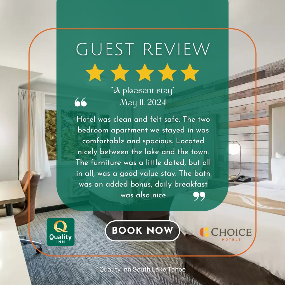 QualityInnTahoe's tweet photo. Thank you for the #perfectrating and #wonderfulreview! We're thrilled to hear you enjoyed the cleanliness, comfort, and location of our hotel. We appreciate your feedback on the furniture and are glad you found value in your stay. The bath and daily breakfast are great perks! https://t.co/GDVm9FNHPZ